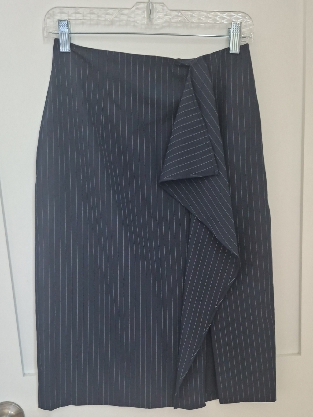 Club Monaco Charcoal Pinstripe Pencil Skirt with Front Drape